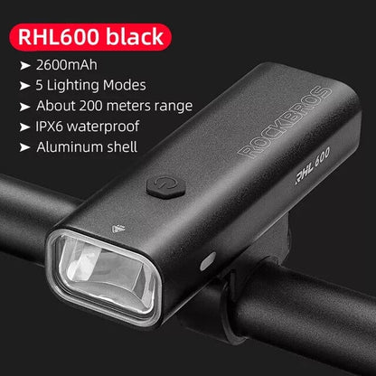 Rainproof Handlebar Bicycle Headlight 600LM 2600mAH Type-C by Rockbros