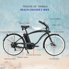Tracer Omega 26" 500W 7Sp Men's Electric Beach Cruiser